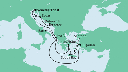 Routenverlauf für Adria & Griechenland ab Triest mit AIDAblu am 20.06.23 Routenverlauf für Adria & Griechenland ab Triest mit AIDAblu am 20.06.23