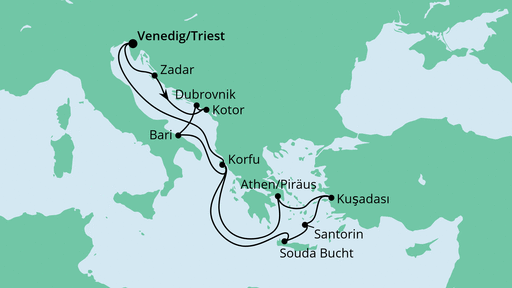 Routenverlauf für Adria & Griechenland ab Triest mit AIDAblu am 10.10.23