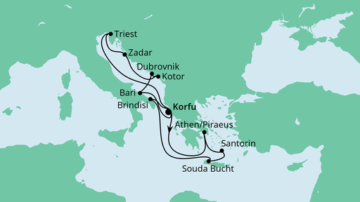 Routenverlauf für Adria & Griechenland mit AIDAblu am 15.10.23 Routenverlauf für Adria & Griechenland mit AIDAblu am 15.10.23