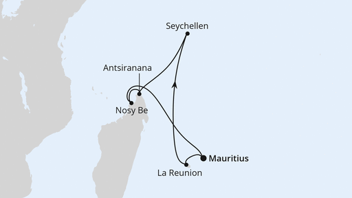 Routenverlauf für Mauritius, Seychellen & Madagaskar 1 mit AIDAblu am 09.01.24 Routenverlauf für Mauritius, Seychellen & Madagaskar 1 mit AIDAblu am 09.01.24
