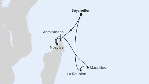Routenverlauf für Mauritius, Seychellen & Madagaskar 2 mit AIDAblu am 13.02.24 Routenverlauf für Mauritius, Seychellen & Madagaskar 2 mit AIDAblu am 13.02.24