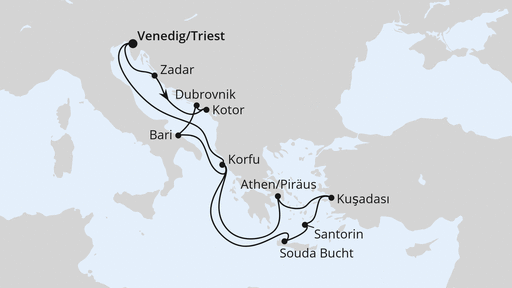 Routenverlauf für Adria & Griechenland ab Triest mit AIDAblu am 29.04.24 Routenverlauf für Adria & Griechenland ab Triest mit AIDAblu am 29.04.24