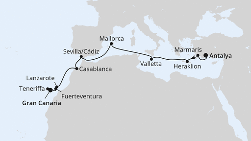Routenverlauf für Von Antalya nach Gran Canaria mit AIDAblu am 17.11.24