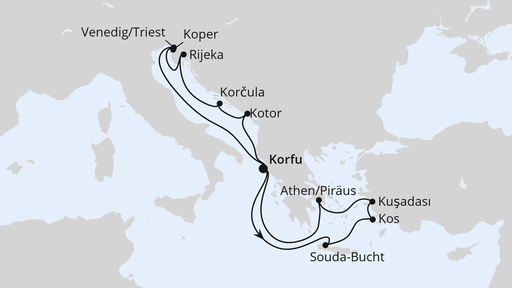 Routenverlauf für Adria & Griechenland ab Korfu 2 mit AIDAblu am 28.06.25