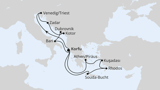 Routenverlauf für Adria & Griechenland ab Korfu 1 mit AIDAblu am 13.09.25