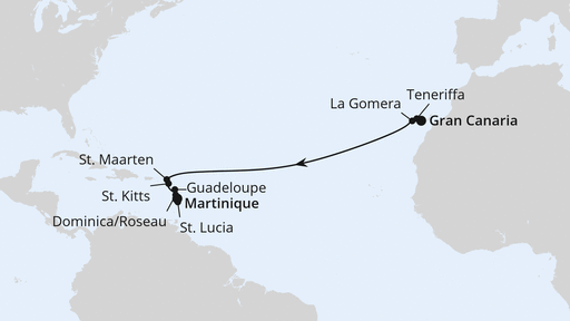 Routenverlauf für Von Gran Canaria nach Martinique mit AIDAblu am 09.11.25 Routenverlauf für Von Gran Canaria nach Martinique mit AIDAblu am 09.11.25