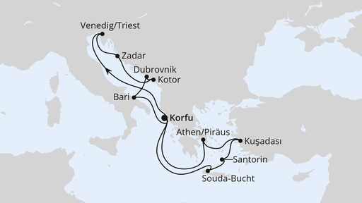 Routenverlauf für Adria & Griechenland ab Korfu 1 mit AIDAblu am 11.07.26