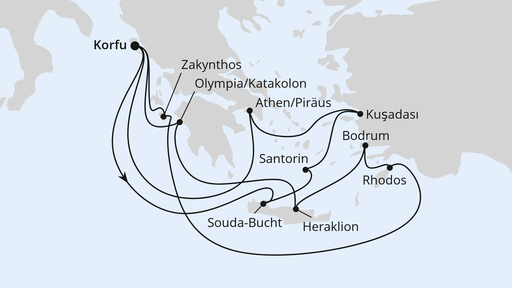 Routenverlauf für Griechenland & Türkei ab Korfu mit AIDAblu am 19.09.26 Routenverlauf für Griechenland & Türkei ab Korfu mit AIDAblu am 19.09.26