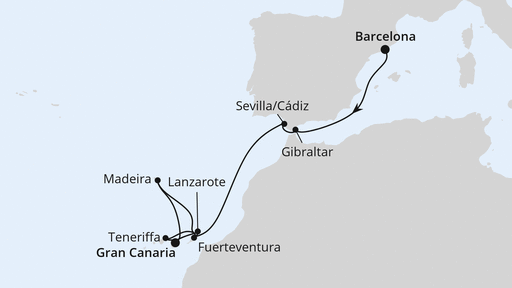 Routenverlauf für Andalusien, Madeira & Kanaren ab Barcelona 1 mit AIDAblu am 01.11.26