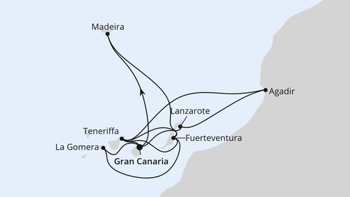 Routenverlauf für Große Kanaren-Reise mit Madeira & Marokko mit AIDAblu am 03.01.27