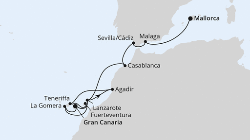 Routenverlauf für Kanaren, Marokko & Andalusien ab Gran Canaria 1 mit AIDAblu am 10.01.27