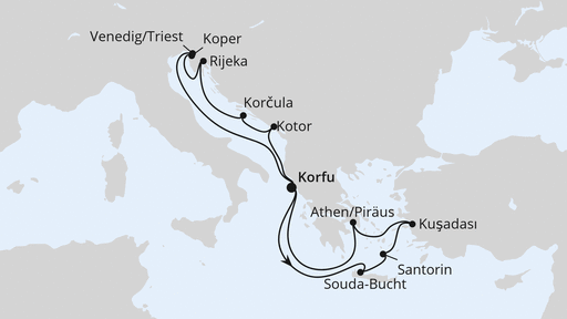 Routenverlauf für Adria & Griechenland ab Korfu 1 mit AIDAblu am 15.05.27