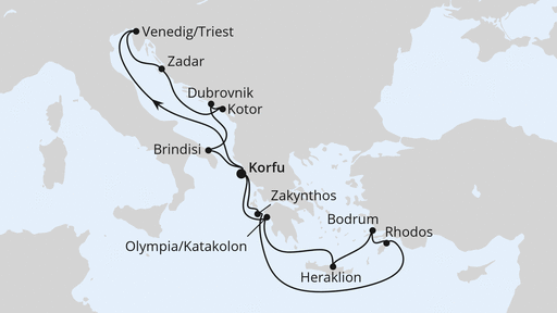 Routenverlauf für Adria & Griechenland ab Korfu 2 mit AIDAblu am 24.07.27