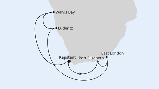 Routenverlauf für Südafrika & Namibia mit AIDAblu am 29.02.28