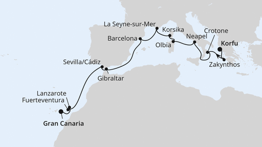 Routenverlauf für Griechenland, Andalusien & Kanaren ab Korfu 1 mit AIDAblu am 24.10.26