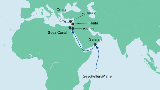 Routenverlauf für Von den Seychellen nach Kreta mit AIDAblu am 10.03.20 Routenverlauf für Von den Seychellen nach Kreta mit AIDAblu am 10.03.20
