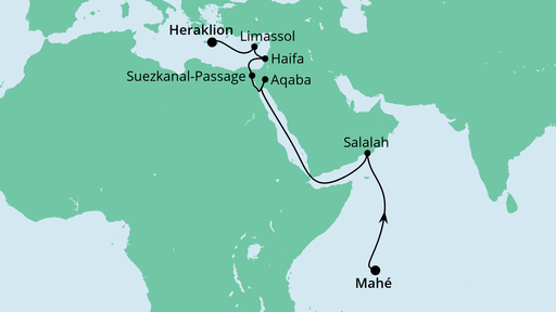 Routenverlauf für Von den Seychellen nach Kreta mit AIDAblu am 09.03.21