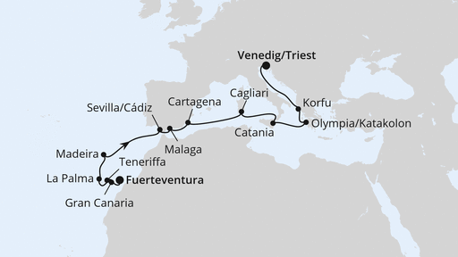 Routenverlauf für Von Fuerteventura nach Triest mit AIDAblu am 11.04.25 Routenverlauf für Von Fuerteventura nach Triest mit AIDAblu am 11.04.25