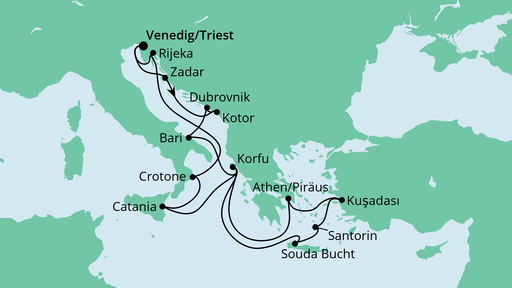 Routenverlauf für Adria, Griechenland & Sizilien mit AIDAblu am 11.10.22 Routenverlauf für Adria, Griechenland & Sizilien mit AIDAblu am 11.10.22