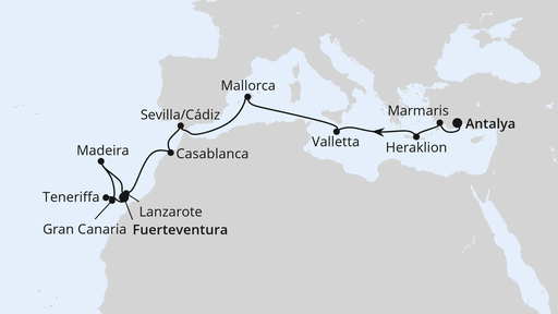 Routenverlauf für Von Antalya nach Fuerteventura 2 mit AIDAblu am 17.11.24 Routenverlauf für Von Antalya nach Fuerteventura 2 mit AIDAblu am 17.11.24