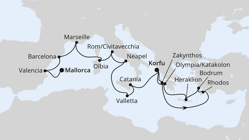 Routenverlauf für Große Mittelmeer-Reise ab Korfu mit AIDAblu am 16.10.27