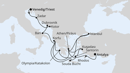 Routenverlauf für Von Triest nach Antalya mit AIDAblu am 14.10.24 Routenverlauf für Von Triest nach Antalya mit AIDAblu am 14.10.24