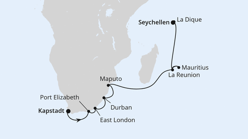 Routenverlauf für Seychellen, Mauritius & Südafrika 1 mit AIDAblu am 08.12.27