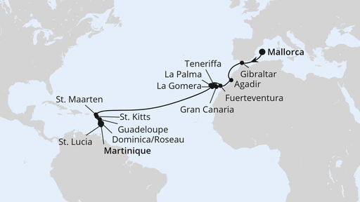 Routenverlauf für Von Mallorca nach Martinique mit AIDAblu am 02.11.25 Routenverlauf für Von Mallorca nach Martinique mit AIDAblu am 02.11.25