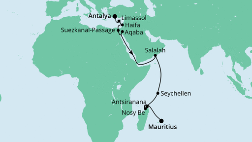 Routenverlauf für Von Antalya nach Mauritius mit AIDAblu am 05.11.23