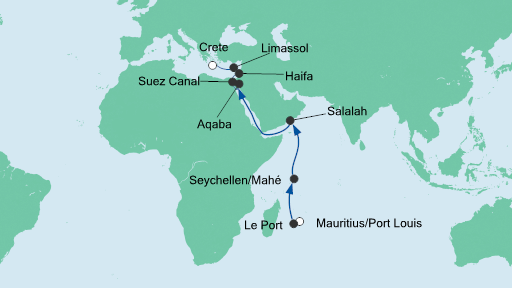 Routenverlauf für Von Mauritius nach Kreta mit AIDAblu am 03.03.20 Routenverlauf für Von Mauritius nach Kreta mit AIDAblu am 03.03.20