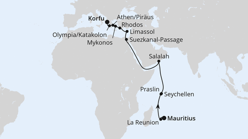Routenverlauf für Von Mauritius nach Korfu mit AIDAblu am 05.03.24