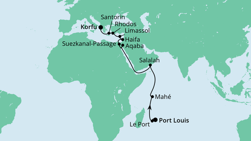 Routenverlauf für Von Mauritius nach Korfu mit AIDAblu am 28.03.23
