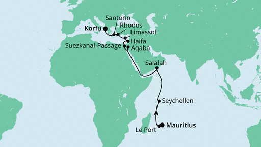 Routenverlauf für Von Mauritius nach Korfu mit AIDAblu am 05.03.24