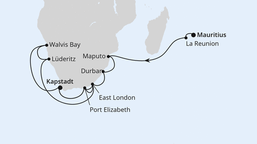 Routenverlauf für Südliches Afrika mit La Reunion ab Mauritius mit AIDAblu am 16.02.28