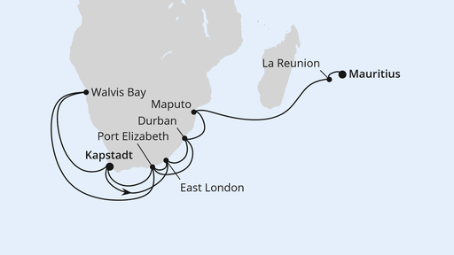 Routenverlauf für Südliches Afrika mit La Reunion & Mauritius mit AIDAblu am 24.11.27