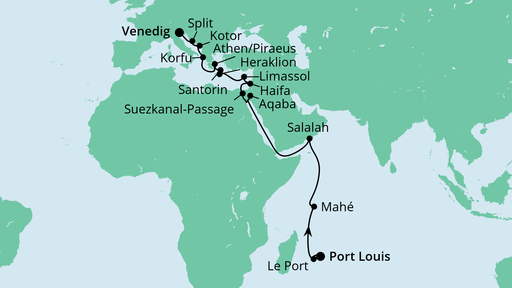 Routenverlauf für Weltenbummler von Mauritius nach Venedig mit AIDAblu am 03.03.20