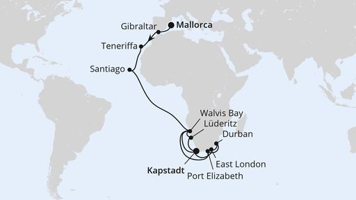 Routenverlauf für Von Mallorca über Namibia nach Kapstadt 2 mit AIDAblu am 04.11.27