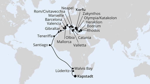 Routenverlauf für Weltenbummler von Korfu nach Kapstadt mit AIDAblu am 16.10.27