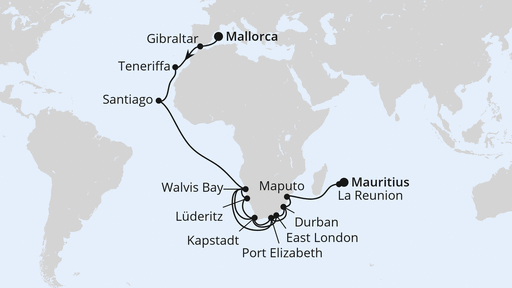 Routenverlauf für Weltenbummler von Mallorca nach Mauritius mit AIDAblu am 04.11.27