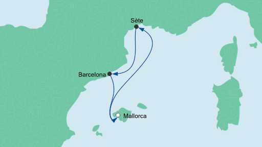 Routenverlauf für Kurzreise ab Mallorca 2 mit AIDAcara am 27.09.20 Routenverlauf für Kurzreise ab Mallorca 2 mit AIDAcara am 27.09.20