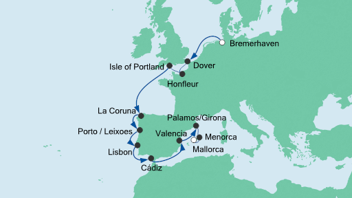 Routenverlauf für Von Bremerhaven nach Mallorca mit AIDAcara am 12.09.20