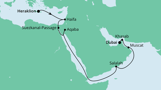 Routenverlauf für Von Kreta nach Dubai 1 mit AIDAcara am 08.10.21 Routenverlauf für Von Kreta nach Dubai 1 mit AIDAcara am 08.10.21