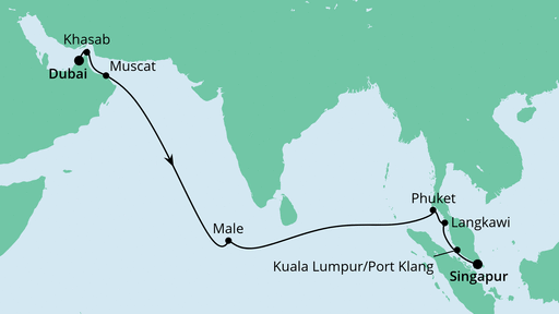 Routenverlauf für Von Dubai nach Singapur mit AIDAcara am 23.10.21
