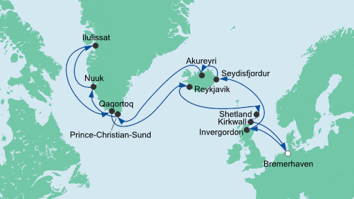 Routenverlauf für Island & Grönland 2 mit AIDAcara am 01.08.20