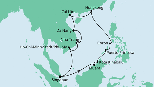 Routenverlauf für Philippinen, Hongkong & Vietnam mit AIDAcara am 28.11.21 Routenverlauf für Philippinen, Hongkong & Vietnam mit AIDAcara am 28.11.21