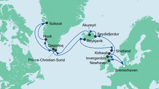 Routenverlauf für Island & Grönland 2 mit AIDAcara am 10.07.20 Routenverlauf für Island & Grönland 2 mit AIDAcara am 10.07.20