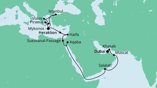 Routenverlauf für Von Kreta nach Dubai 2 mit AIDAcara am 01.10.21