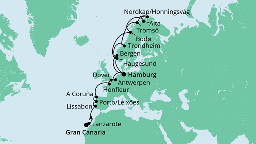 Routenverlauf für Von Gran Canaria nach Hamburg mit AIDAcara am 27.01.20 Routenverlauf für Von Gran Canaria nach Hamburg mit AIDAcara am 27.01.20
