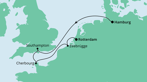 Routenverlauf für Metropolen von Hamburg nach Rotterdam mit AIDAcosma am 26.02.22 Routenverlauf für Metropolen von Hamburg nach Rotterdam mit AIDAcosma am 26.02.22