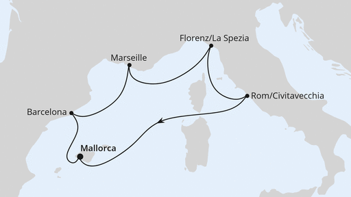 Routenverlauf für Spanien & Italien ab Mallorca mit AIDAcosma am 29.11.26 Routenverlauf für Spanien & Italien ab Mallorca mit AIDAcosma am 29.11.26